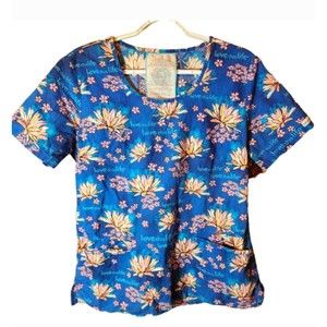 Love This Life Scrub Top Womens Medium Floral Blue Pink, Front Pockets